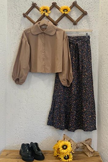 Ceylan Otantik Milky Coffee Baby Collar Shirt & Black Small Floral Floor-Layered Skirt Set