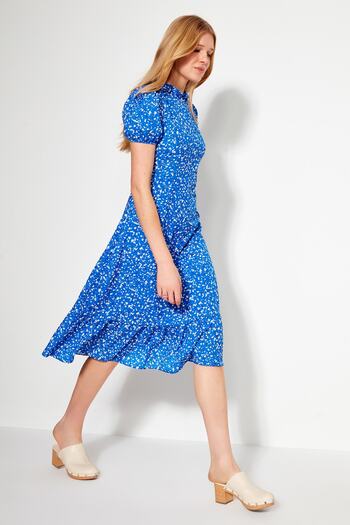 Trendyol Collection Modré tkané midi šaty s květinovým vzorem A-line lemované podšívkou TWOSS20EL0894