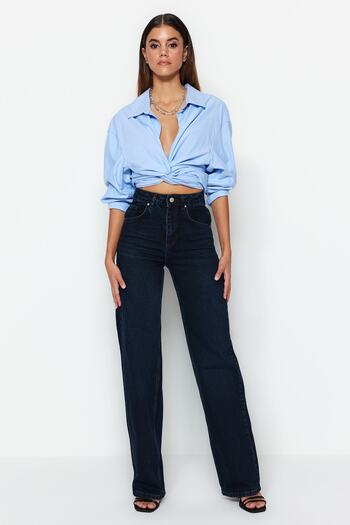 Trendyol Collection Éjfélkék magas derekú széles lábú farmernadrág TWOSS23JE00083