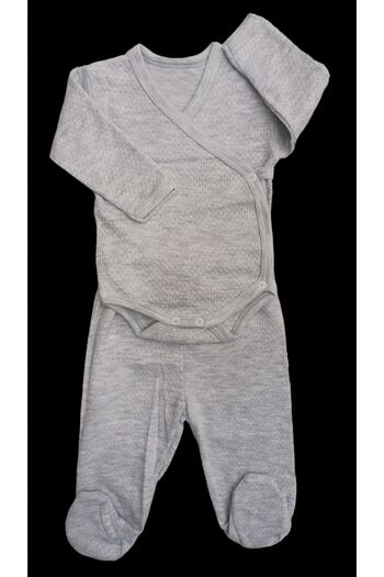 özdemirli bebe Set of 2 Long Sleeved Gloves with Snap Fasteners Double Breasted Bodysuit and Booties Bottom Gray Color