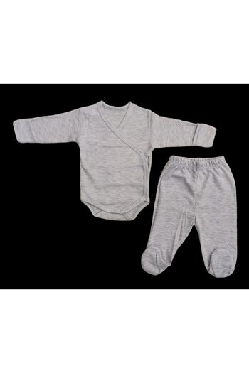 özdemirli bebe Set of 2 Long Sleeved Gloves with Snap Fasteners Double Breasted Bodysuit and Booties Bottom Gray Color