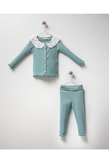 Magu Girl Child Green Baby Collar Cotton Sweatshirt Leggings Bottom-Top Set