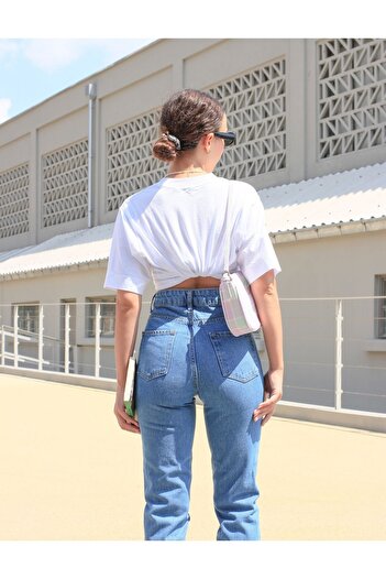 Trn JNS Liteon Açık Mavi Mom Jeans Yumuşak Likralı Yüksek Bel Kot Pantolon
