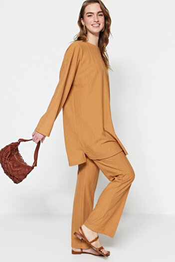 Trendyol Modest Camel Pleated Tunic-Pants Knitted Suit TCTSS23US00009