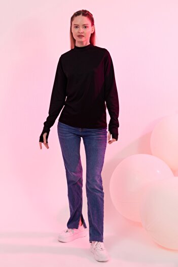 mirach Black Turtleneck Finger Detailed Blouse Long Sleeve Fingered