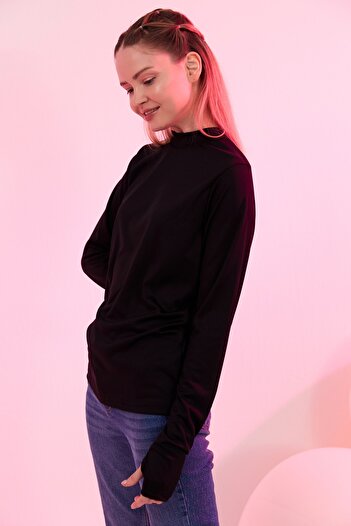 mirach Black Turtleneck Finger Detailed Blouse Long Sleeve Fingered