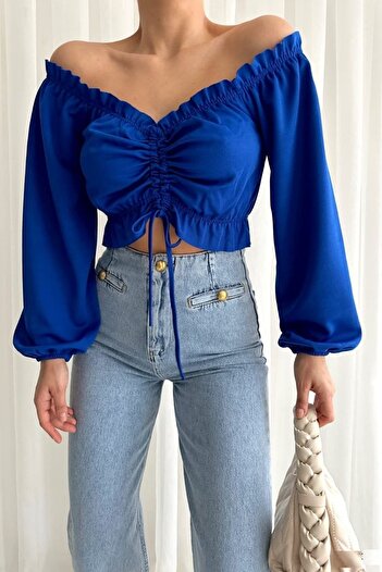 vuvutasarım Kadın Esnek Krep Kumaş Büzgü Detaylı Straplez Yaka Mavi Crop Bluz 582377