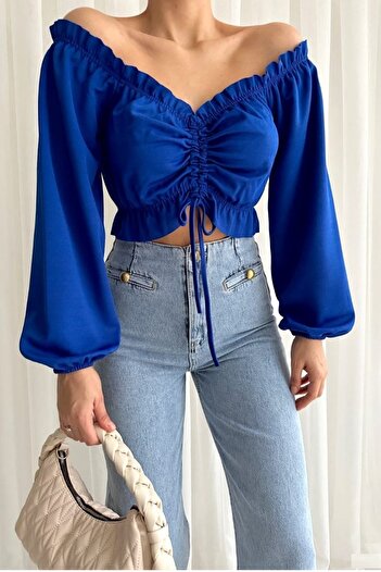 vuvutasarım Kadın Esnek Krep Kumaş Büzgü Detaylı Straplez Yaka Mavi Crop Bluz 582377