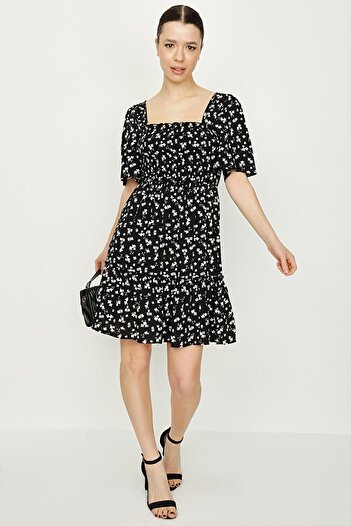 Select Moda Women's Black Floral Patterned Pentagonal Collar Back Detailed Dress