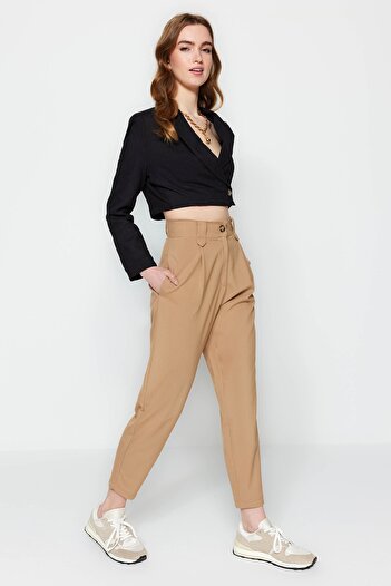 Trendyol Collection Mink sárgarépa magas derekú poliviskóz szőtt szövet nadrág TWOSS22PL0280