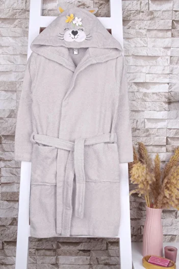 Baveno 100% Cotton Hooded Floral Cat Embroidered Children's Bathrobe