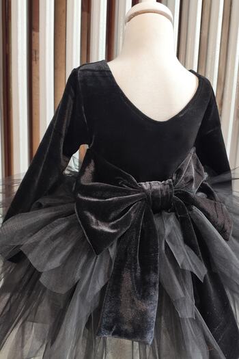 Shecco Babba Girl's Black Velvet Tulle Dress, Long Sleeve Black Bow Birthday, Bandana