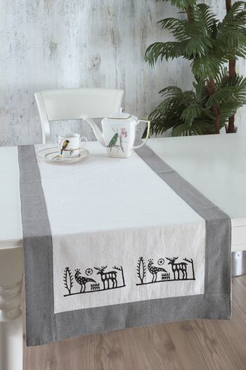 ÖDEL HOME Buldan Fabric Bordered Stone Printed Ethnic Patterned Runner