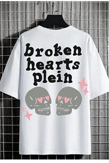 DE PLEIN White Oversize Unisex Broken Hearts Plein Printed 100% Cotton T-shirt