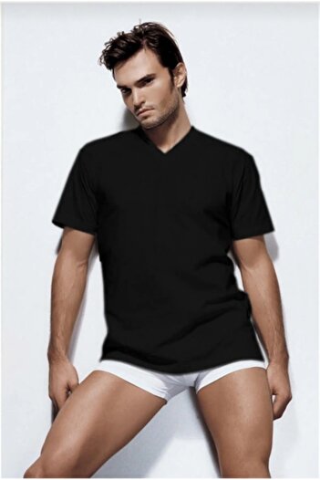Çift Kaplan V-Neck Short Sleeve Black Undershirt T-shirt 945