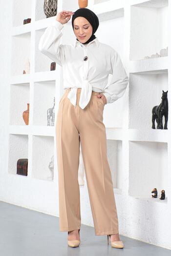 Modamihram Wide Leg Fabric Trousers Beige 6056