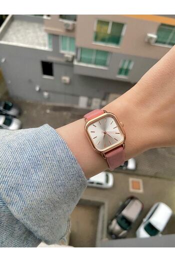 Arzu Butik Women's Wristwatch Pink Color Minimal Leather Strap Gold Case