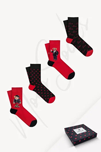 Mono Socks Чорапи за Свети Валентин с плюшено мече от 4 части с подаръчна кутия