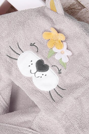 Baveno 100% Cotton Hooded Floral Cat Embroidered Children's Bathrobe