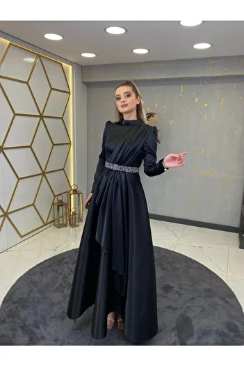 PİENNAR Βραδινό φόρεμα Suna Hijab με πέτρινη ζώνη μαύρο