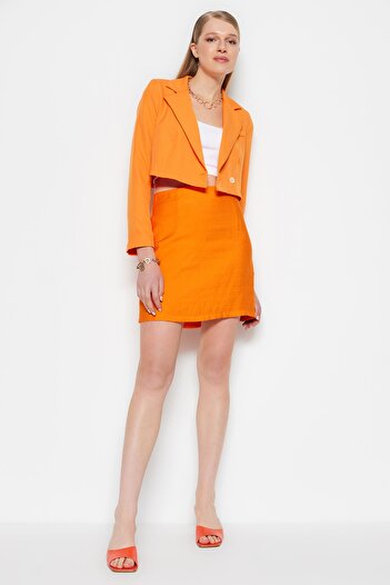 Trendyol Collection Orange Mini Woven High Waist Linen Look Lined Skirt TWOSS23ET00008