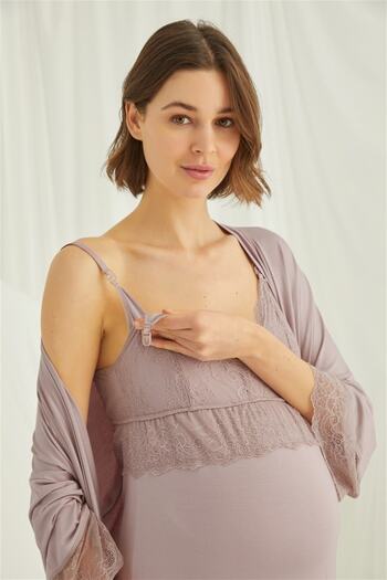 lohusahamile Mink Lace Maternity Nightgown Set with Dressing Gown Monamise 18430