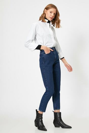 LİMABEL Ασιατικό σκούρο μπλε που δεν ξεθωριάζει Mom Jean Woman Boyfriend High Waist Power Lycra