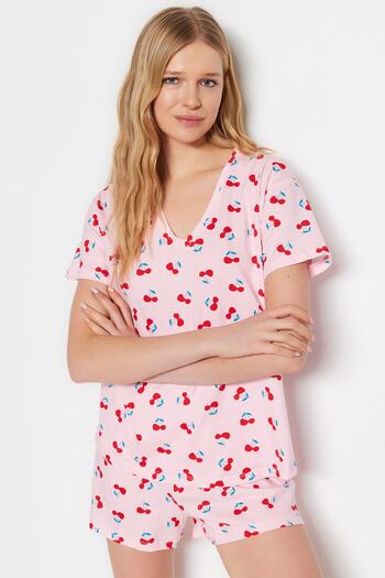 Trendyol Collection Cseresznyemintás világos rózsaszín pamut rövidnadrág hálóruha szett - THMSS23PT00013
