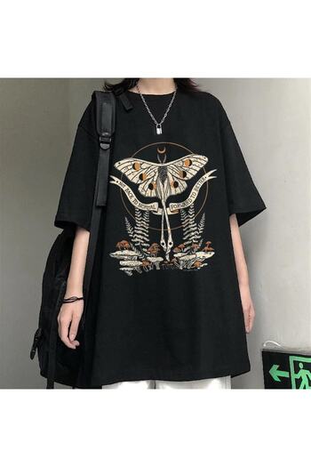 Touz Футболка оверсайз Butterfly & Mushrooms Siyah для чоловіків та жінок