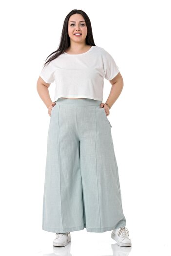 DISENTIS MODEST Large Size Ribbed Stitched Pocket Zippered Wide Leg Linen Water Green Trousers