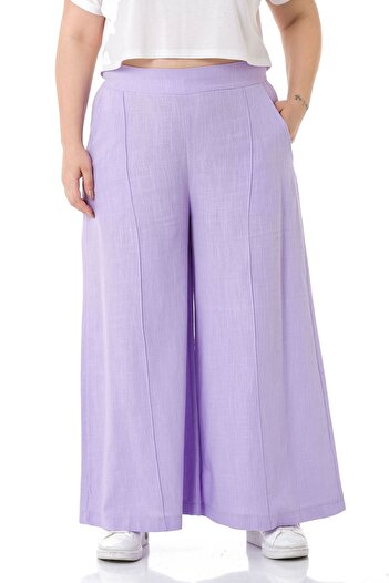 DISENTIS MODEST Large Size Ribbed Stitched Pocket Zippered Wide Leg Linen Lilac Trousers