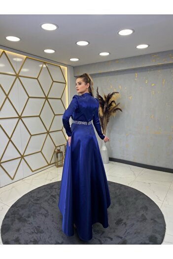 PİENNAR Βραδινό φόρεμα Saks με πέτρινη ζώνη Suna Hijab