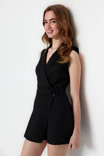 Trendyol Collection Black Belted Double Breasted Collar Mini Woven Jumpsuit TWOSS23TU00040