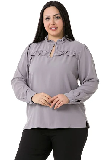 DISENTIS MODEST Plus Size Gray Blouse with Frill Detail on the Neck and Chest and Side Slits