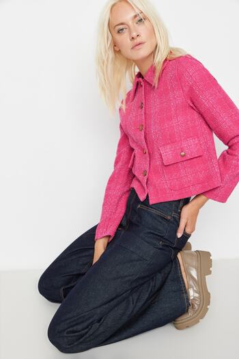 Trendyol Collection Pink Fitted Pocket Detailed Plaid Crop Woven Jacket Twoaw23Ce00140