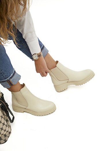 Cabra Blanca Ecru Genuine Leather Boots Elastic Ecru Women's Boots Serrated Sole Leather Boots Short Leather Boots