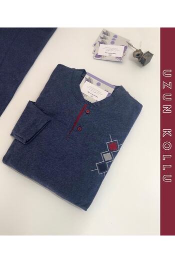 MEBA Men's Interlock Fabric Collar Two Button Winter Thick Navy Blue Pajama Set