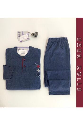 MEBA Men's Interlock Fabric Collar Two Button Winter Thick Navy Blue Pajama Set