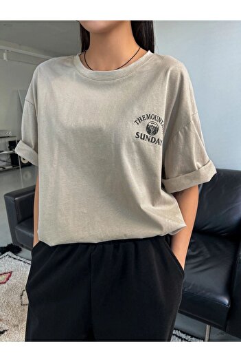Black Sokak Dámské šedé tričko Mountain Oversize Crew Neck
