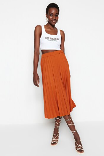 Trendyol Collection Tile Flared High Waist Midi Pleated Smart Crepe Knitted Skirt TWOSS23ET00048