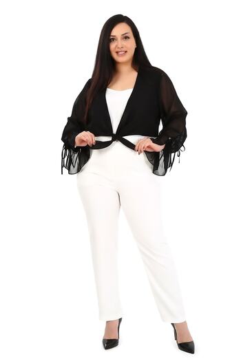 DISENTIS MODEST Plus Size Sleeve Detailed Tied Front Chiffon Black Bolero