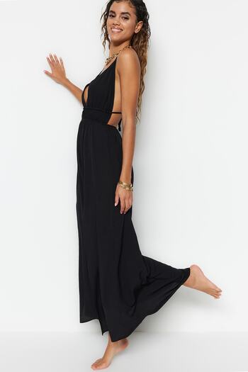 Trendyol Collection Černé maxi tkané plážové šaty TBESS23EL00063