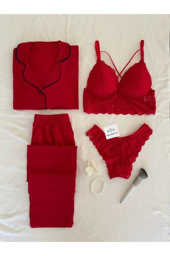 MH Moony Homewears 4-Piece Red Gold Combed Cotton Pajama Underwear Set