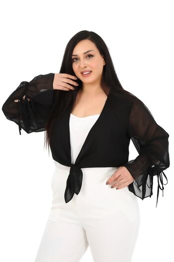 DISENTIS MODEST Plus Size Sleeve Detailed Tied Front Chiffon Black Bolero