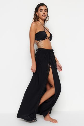 Trendyol Collection Black More Sustainable Woven Tassel Maxi Beach Skirt Tbess21Et0133