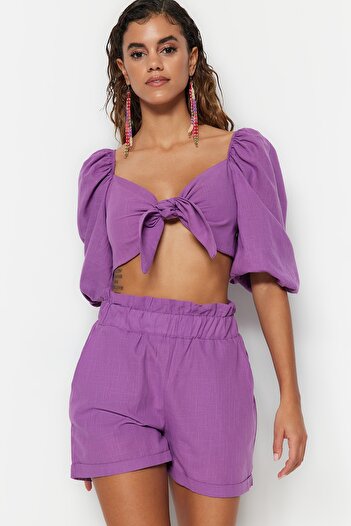 Trendyol Collection Lilac Woven Tied 100% Cotton Blouse Shorts Set TBESS21AU0166