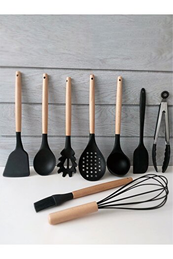 krommet 9 Piece Silicone Serving Set with Bamboo Handle - Ladle, Colander, Spatula, Spoon, Spaghetti Bowl, Beater, Tongs..