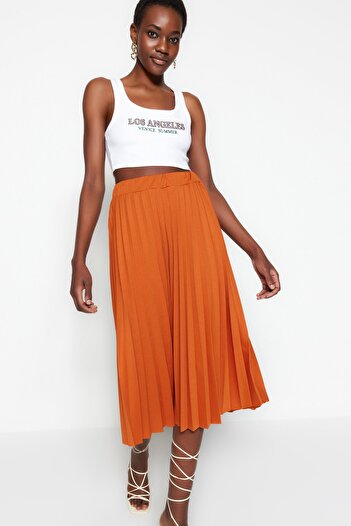 Trendyol Collection Tile Flared High Waist Midi Pleated Smart Crepe Knitted Skirt TWOSS23ET00048