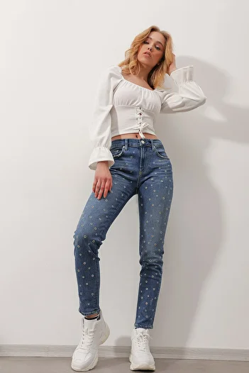 Trend Alaçatı Stili Blugi skinny albaștri cu talie înaltă și cinci buzunare ALC-X9768