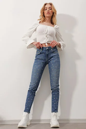 Trend Alaçatı Stili Blugi skinny albaștri cu talie înaltă și cinci buzunare ALC-X9768